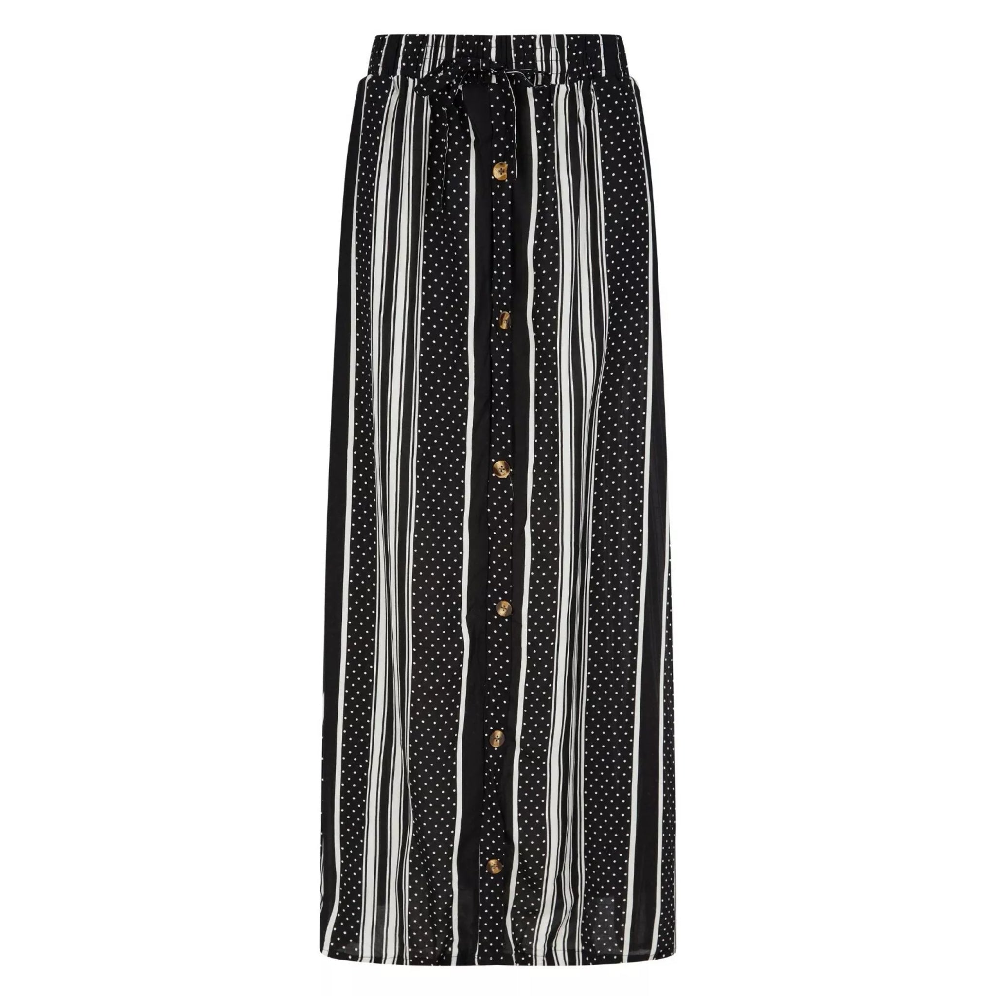 Women's black and white vertical striped maxi skirt with drawstring waist and button detail – casual summer fashion